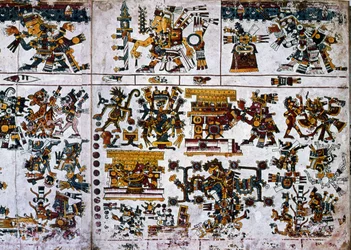 Detail aus einer Faksimile-Kopie einer Seite des Codex Borgia, die die Zeremonie des Neuen Feuers zeigt